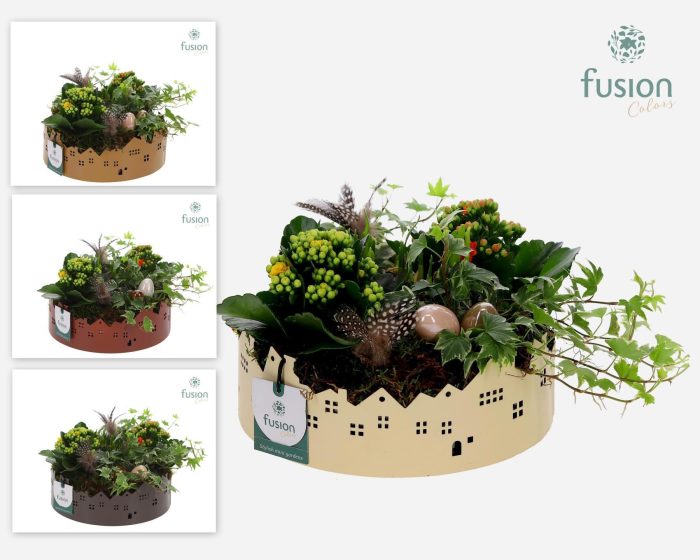 Zinken schaal Huisjes Large met Pasen arrangement, D 22