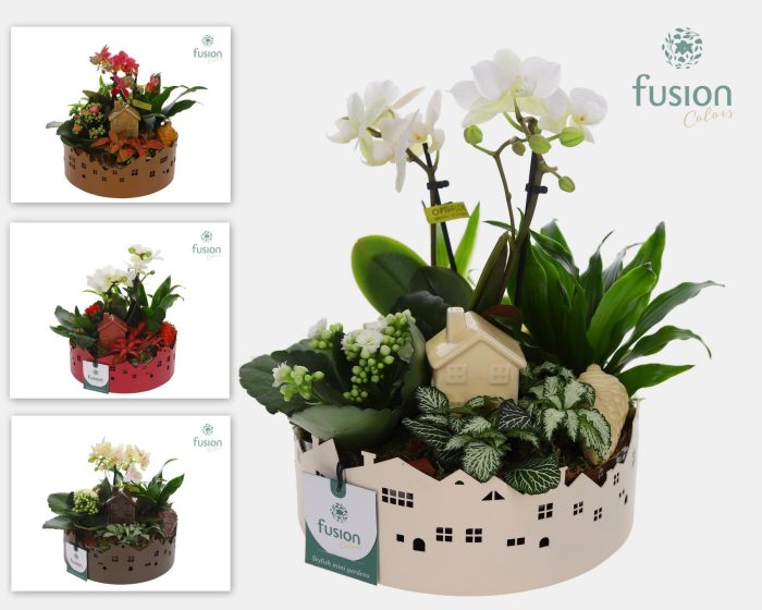 Zinken schaal Huisjes Medium met arrangement, D 19